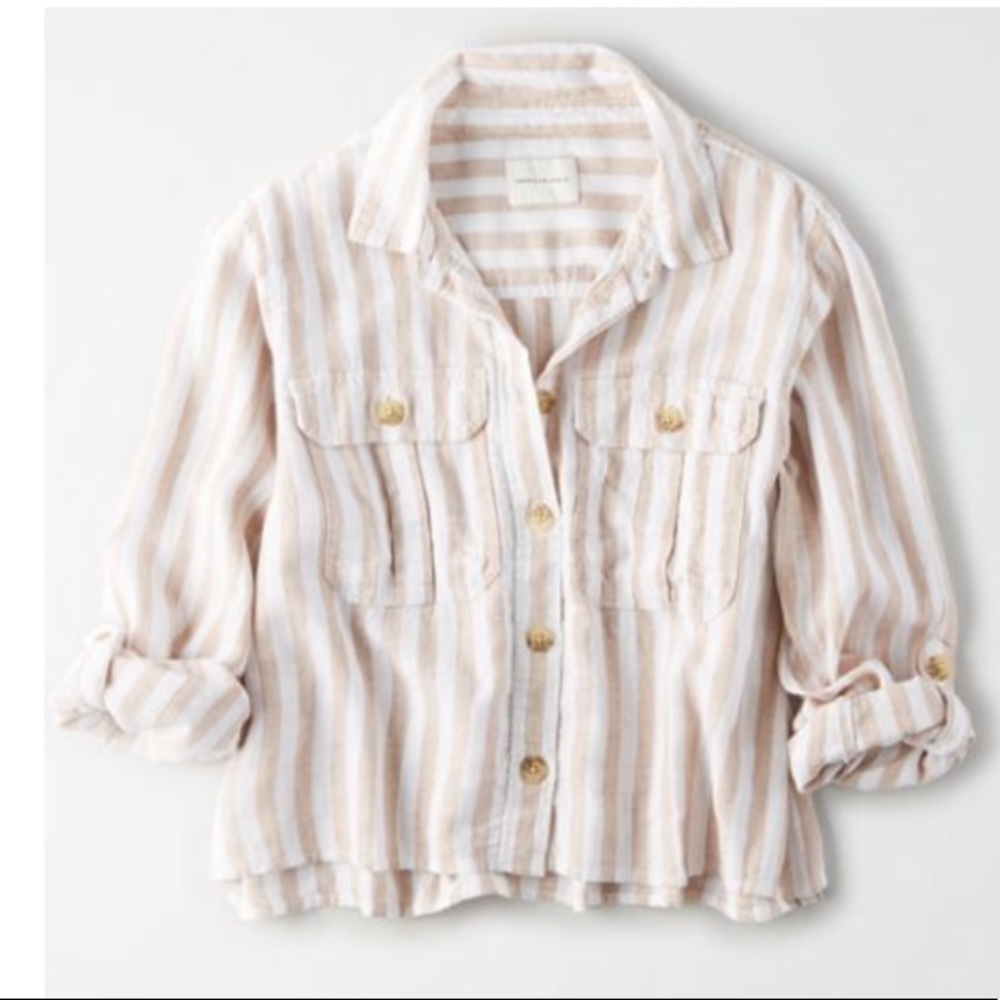 AE Striped Cropped Button up Shirt Women's Tan